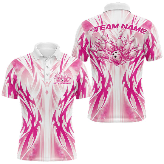 Maxcorners Custom Pink Flame Tribal Bowling Men Polo Shirt, Bowling League Shirt Team Jersey