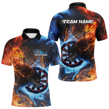 Maxcorners Custom Orange And Blue Smoke Flame Wolf Dart Team Men Polo Shirts, Fire Dart Jerseys LM0404