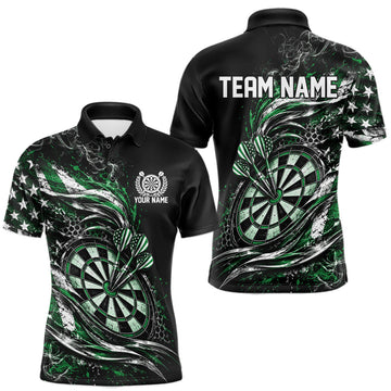 Maxcorners Custom Black And Green Patriotic Smoke US Flag Bullseye Dart Men Polo Shirt, Dart Jersey