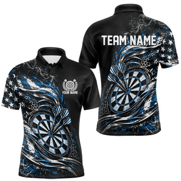 Maxcorners Custom Black And Blue Patriotic Smoke US Flag Bullseye Dart Men Polo Shirt, Dart Jersey