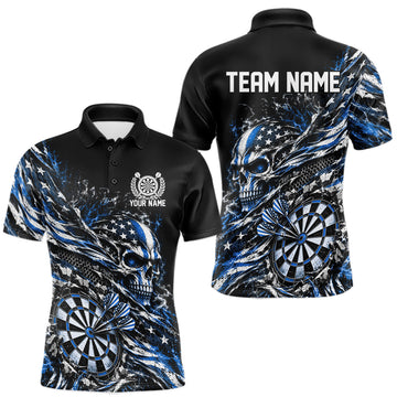 Maxcorners Custom Blue Patriotic Dart Men Polo Shirt, US Flag Skull Dart League Team Jersey