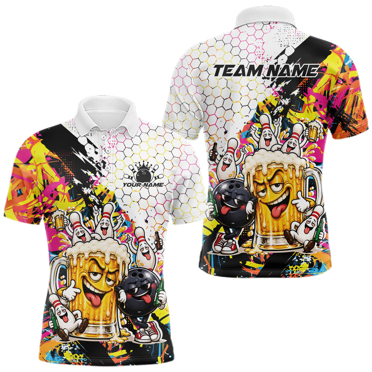 Maxcorners Custom Colorful Splatter Graffiti Funny Bowling And Beer Men Polo Shirt, Bowling Jersey