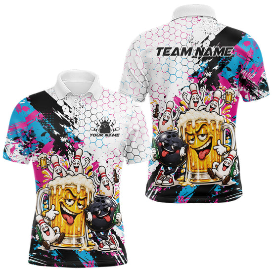 Maxcorners Custom Blue And Pink Funny Bowling And Beer Drinking Men Polo Shirt, Bowling Jersey