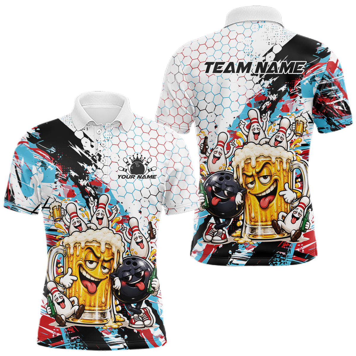 Maxcorners Custom Colorful Blue And Red Funny Bowling And Beer Drinking Men Polo Shirt, Team Jersey