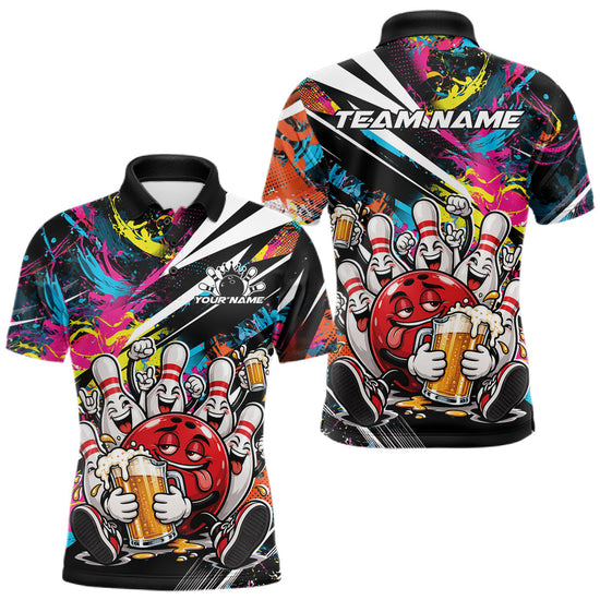 Maxcorners Custom Colorful Funny Bowling And Beer Men Polo Shirt, Bowling Team Jersey
