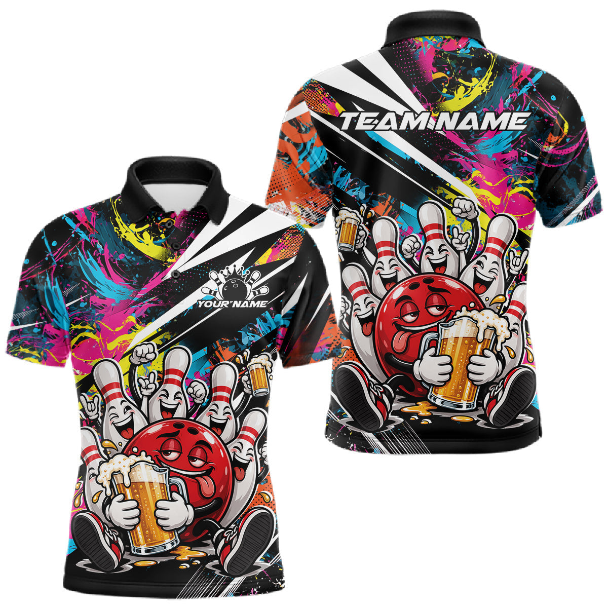 Maxcorners Custom Colorful Funny Bowling And Beer Men Polo Shirt, Bowling Team Jersey