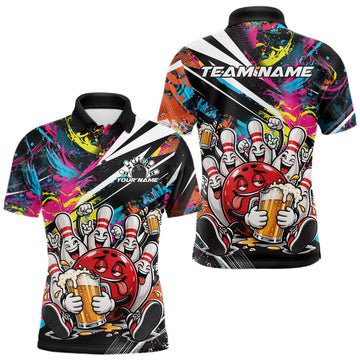 Maxcorners Custom Colorful Funny Bowling And Beer Men Polo Shirt, Bowling Team Jersey