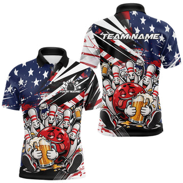 Maxcorners Custom Patriotic Funny Bowling And Beer Men Polo Shirt, American Flag Bowling Jersey