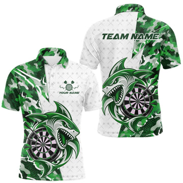 Maxcorners Custom Green Camo Shark Dart Polo Shirt For Men, Dart League Shirt Dart Team Outfit LM1910