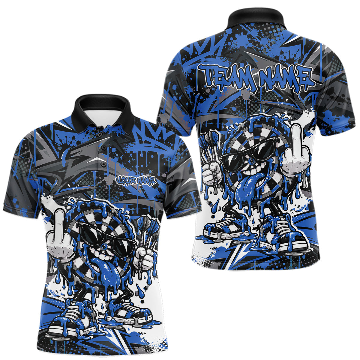 Maxcorners Custom Blue Graffiti Funny Dripping Dartboard Dart Team Jersey Men Polo Shirt