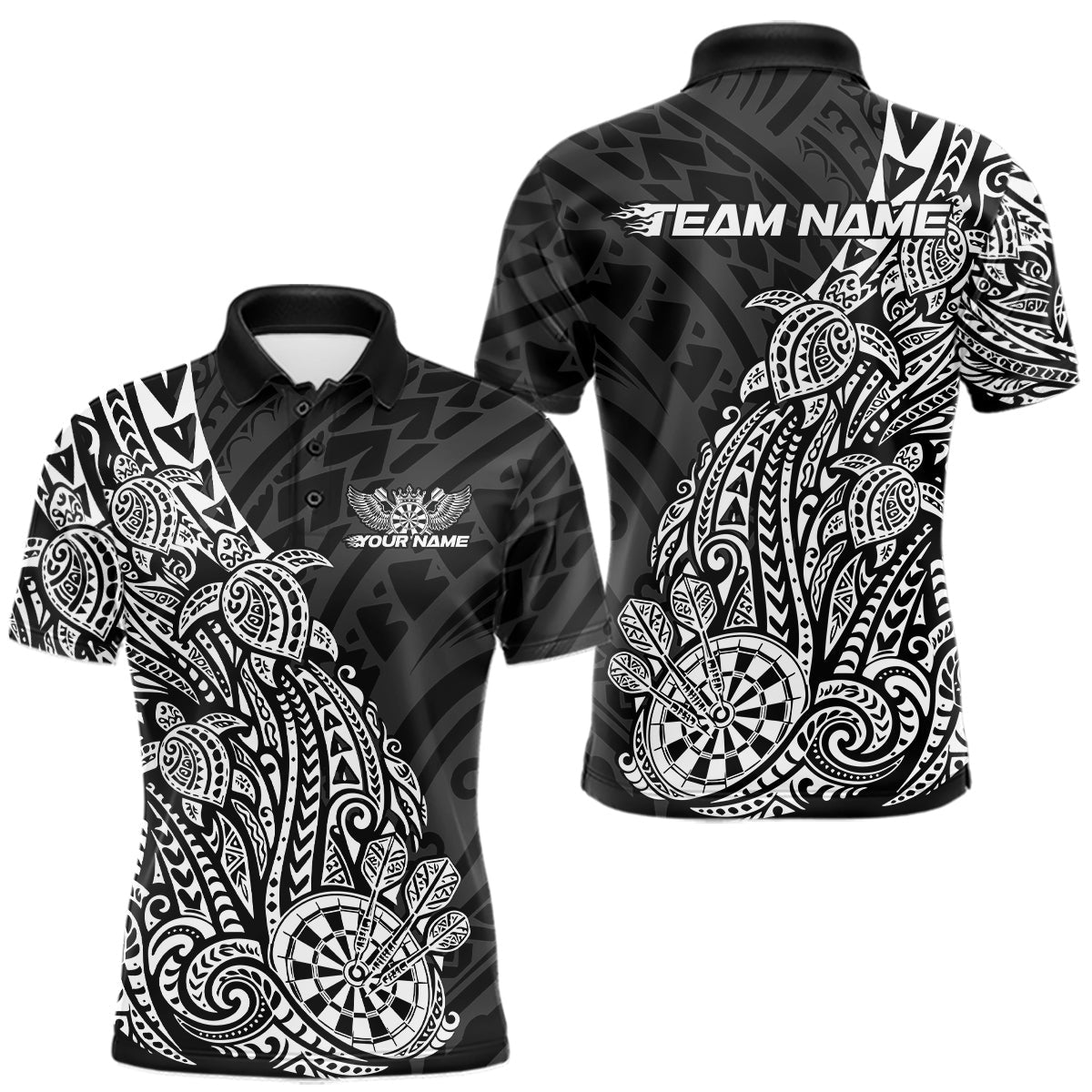 Maxcorners Custom Black And White Polynesian Tribal Turtle Dart Men Polo Team Shirt Outfit