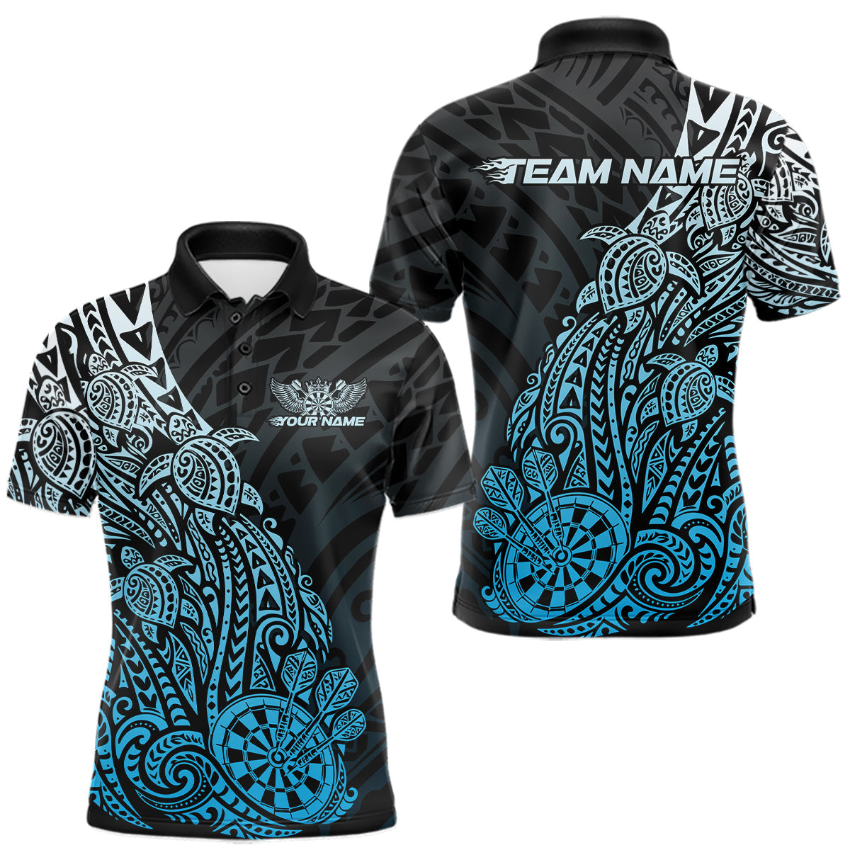 Maxcorners Custom Black And Blue Polynesian Tribal Turtle Dart Men Polo Team Shirt Outfit