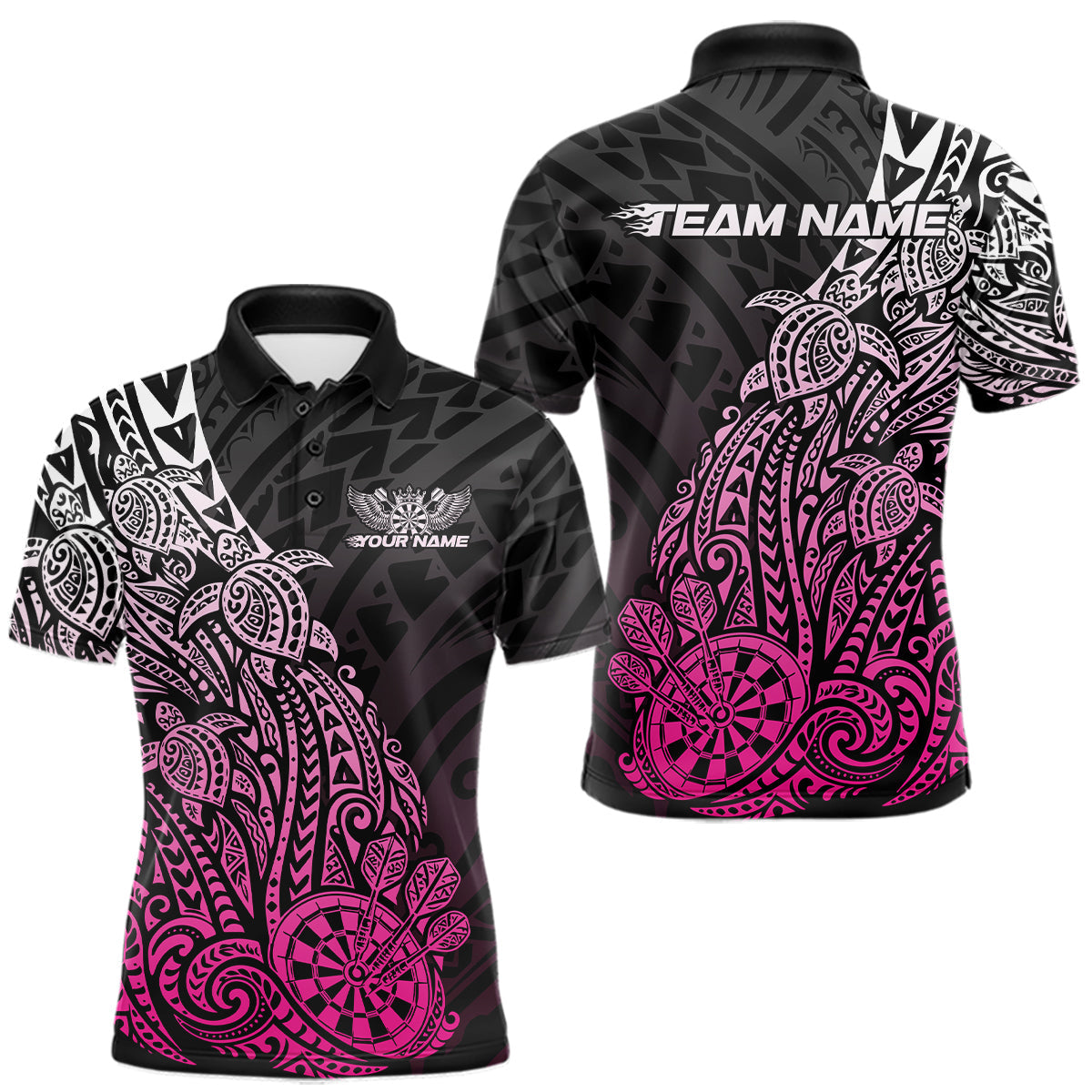Maxcorners Custom Black And Pink Polynesian Tribal Turtle Dart Men Polo Team Shirt Outfit
