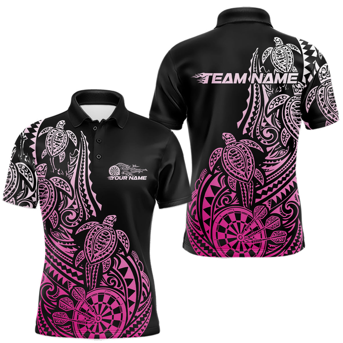 Maxcorners Custom Black And Pink Polynesian Tribal Turtle Dart Men Men Polo Shirt Team Uniform