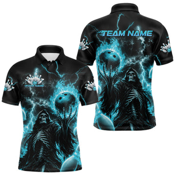 Maxcorners Custom Blue Fire Flame Bowling Grim Reaper Skull Men Polo Shirt, Halloween Bowler Outfit