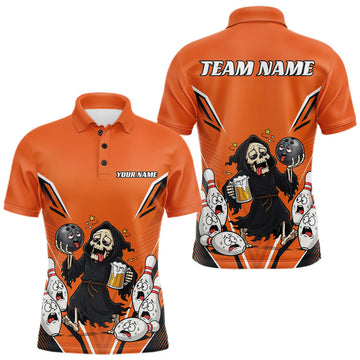 Maxcorners Custom Orange Funny Grim Reaper Bowling And Beer Men Polo Shirt, Halloween Bowling Jersey