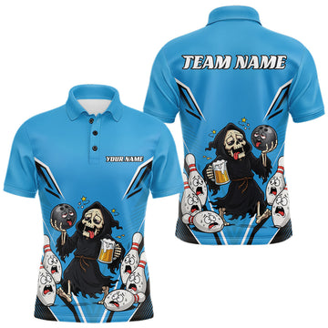 Maxcorners Custom Blue Funny Grim Reaper Bowling And Beer Men Polo Shirt, Halloween Bowling Jersey