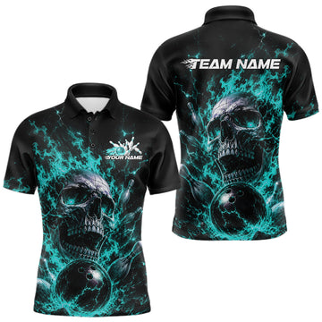 Maxcorners Custom Turquoise Blue Flame Skull Halloween Bowling Men Polo Shirt, Bowling Jersey