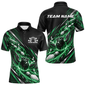 Maxcorners Custom Green Flame Bowling Men Polo Shirt, Crown Bowling Ball With Wings Bowling Jersey LM2709