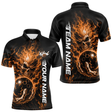 Maxcorners Custom Black And Orange Flame Skull Halloween Bowling Team Men Polo Shirt, Bowling Jersey LM0409