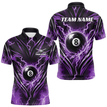 Maxcorners Custom Purple Icy Thunder Lightning 8 Ball Billiards Men Polo Shirt, Pool League Shirt