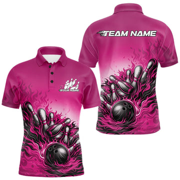 Maxcorners Custom Pink Flame Bowling Tournament Men Polo Team Shirt, Fire Bowling League Shirt