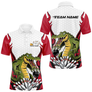 Maxcorners Custom Funny Alligator Bowling Men Polo Shirt, Alligator Red Bowling Team League Shirt