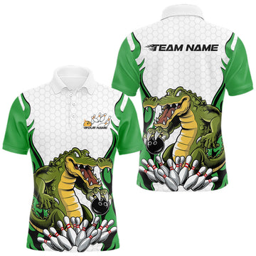 Maxcorners Custom Funny Alligator Bowling Men Polo Shirt, Alligator Green Bowling Team League Shirt
