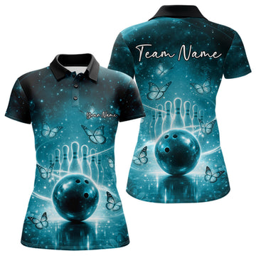 Custom Blue Butterfly Women Bowling Polo Shirt, Ladies Bowling League Shirt LM1203