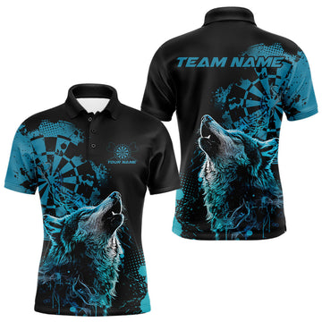 Maxcorners Custom Black And Blue Splatter Grunge Dart Wolf Men Polo Shirts, Wolf Dart Team Jerseys LM0404