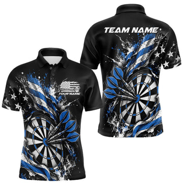 Maxcorners Custom Patriotic Bullseye Dart Men Polo Shirt, Blue American Flag Dart Team Jersey
