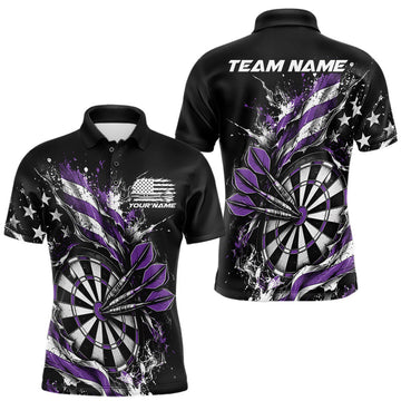 Maxcorners Custom Patriotic Bullseye Dart Men Polo Shirt, Purple American Flag Dart Team Jersey