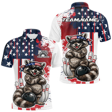 Maxcorners Custom Patriotic Funny Raccoon Bowling Men Polo Shirt, US Flag Bowling Jersey