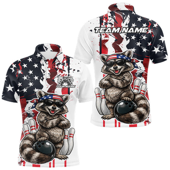 Maxcorners Custom American Flag Funny Raccoon Bowling Men Polo Shirt, Patriotic Bowling Jersey