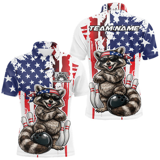 Maxcorners Custom Patriotic Funny Raccoon Bowling Men Polo Shirt, American Flag Bowling Jersey