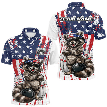 Maxcorners Funny Raccoon Custom Patriotic Bowling Team Jersey, Bowling Polo Shirt For Men