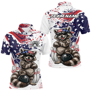 Maxcorners Custom Patriotic Funny Raccoon Bowling Men Polo Shirt, Splatter US Flag Bowling Jersey