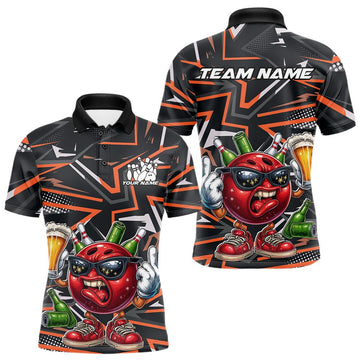 Maxcorners Custom Funny Bowling Ball Drink Beer Bowling Men Polo Shirt, Orange Bowling Team Shirt LM1411