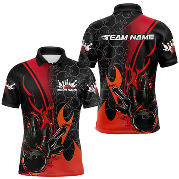 Maxcorners Custom Red Flame Bowling Pattern Bowling Men Polo Shirt, Bowling Team League Shirt LM1903