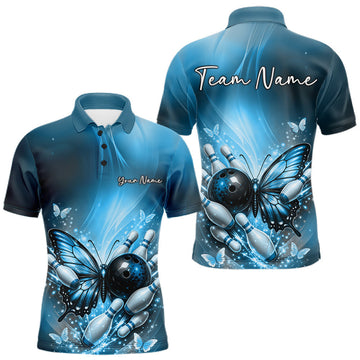 Maxcorners Custom Pink Butterfly Bowling Team Men Polo Shirt, Bowling League Shirt