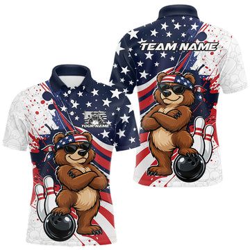 Maxcorners Splatter American Flag Custom Funny Patriotic Bear Bowling Men Polo Shirt, Team Uniform