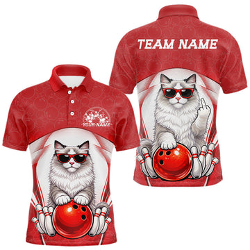 Maxcorners Custom Cool Golden Brown Bengal Cat With Funny Gesture Bowling Men Polo Shirt, Team Outfit