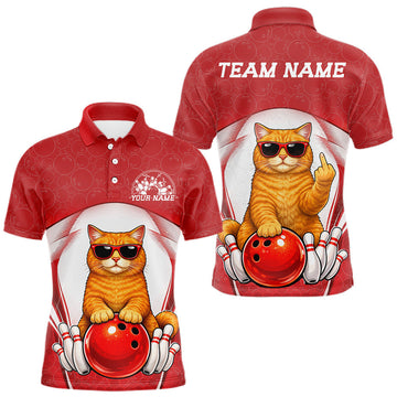 Maxcorners Custom Cool Sphynx Cat With Funny Gesture Bowling Men Polo Shirt, Bowling Team Outfit
