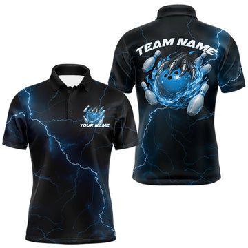 Maxcorners Custom Black And Red Lightning Montrous Flame Bowling Tournament Men Polo Team Shirt