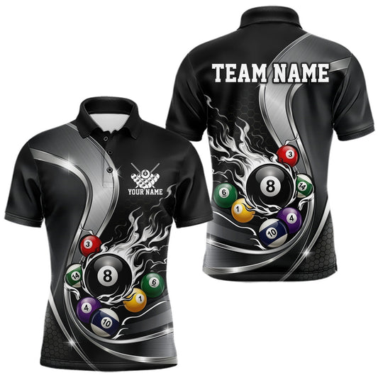 Maxcorners Custom Black And Gray Flame Billiard Men Polo Shirts, Billiard Team Jerseys LM2704