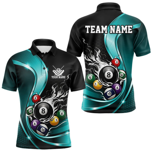 Maxcorners Custom Black And Blue Flame Billiard Men Polo Shirts, Billiard Team Jerseys LM2704