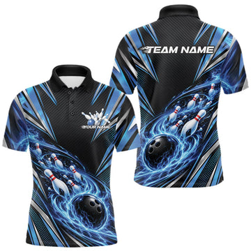Maxcorners Custom Black And Blue Flame Bowling Men Polo Shirt, Bowling Jersey Bowlers Outfit LM2709