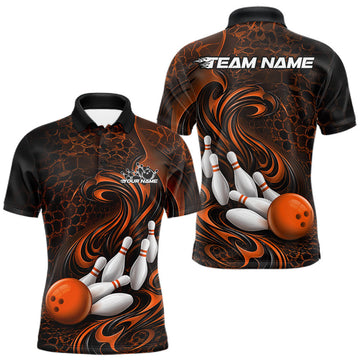 Maxcorners Custom Black And Orange Tribal Flame Men Bowling Team Shirt, Polygonal Bowling Jerseys LM2704