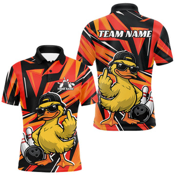 Maxcorners Custom Funny Yellow Duck Bowling Team Men Polo Shirt, Orange Duck Bowling Jerseys LM2603