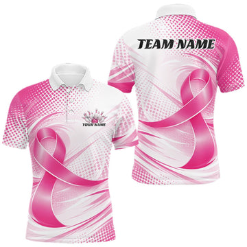 Maxcorners Custom Breast Cancer Pink Ribbon Bowling Team League Shirt For Men, Bowling Polo Shirt LM0409